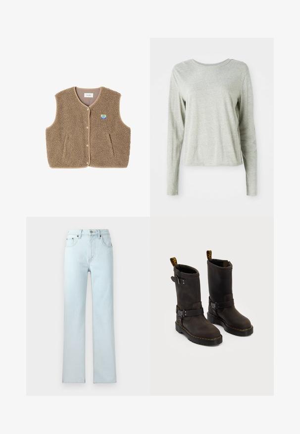 Brūns flīsa žakets ar mīkstu tekstūru, noapaļotu kakla izgriezumu, priekšējo spiedpogu aizdari un sānu kabatām; tam ir maza logo uzšuve.; Gai pelēkā krāsa ar garām piedurknēm, izgatavota no mīksta auduma, ar apaļu kakla izgriezumu un brīvu piegriezumu. Šuves detaļas gar malām.; Gai zila denima bikses ar taisnu kāju dizainu, kurām ir pieci kabatas, jostas cilpas un pogas aizdare jostasvietā.; Tumši brūni ādas zābaki ar vidukļa dizainu, dzelteni izšuvumi, regulējamas sprādzes un cilpas augšpusē. Strukturēta apdare.