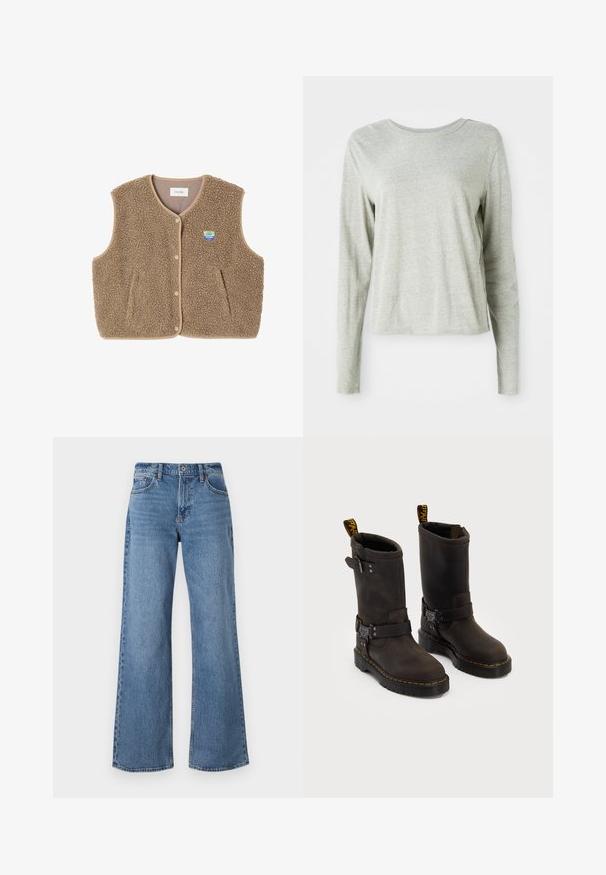 Brūns flīsa žakets ar mīkstu tekstūru, noapaļotu kakla izgriezumu, priekšējo spiedpogu aizdari un sānu kabatām; tam ir maza logo uzšuve.; Gai pelēkā krāsa ar garām piedurknēm, izgatavota no mīksta auduma, ar apaļu kakla izgriezumu un brīvu piegriezumu. Šuves detaļas gar malām.; Gaiši zili platmalu džinsi, kas izgatavoti no denima, ar augstu vidukli, jostu cilpiņām un pogu aizdari. Apdares ietver šuvju un apakšmalu detalizāciju.; Tumši brūni ādas zābaki ar vidukļa dizainu, dzelteni izšuvumi, regulējamas sprādzes un cilpas augšpusē. Strukturēta apdare.