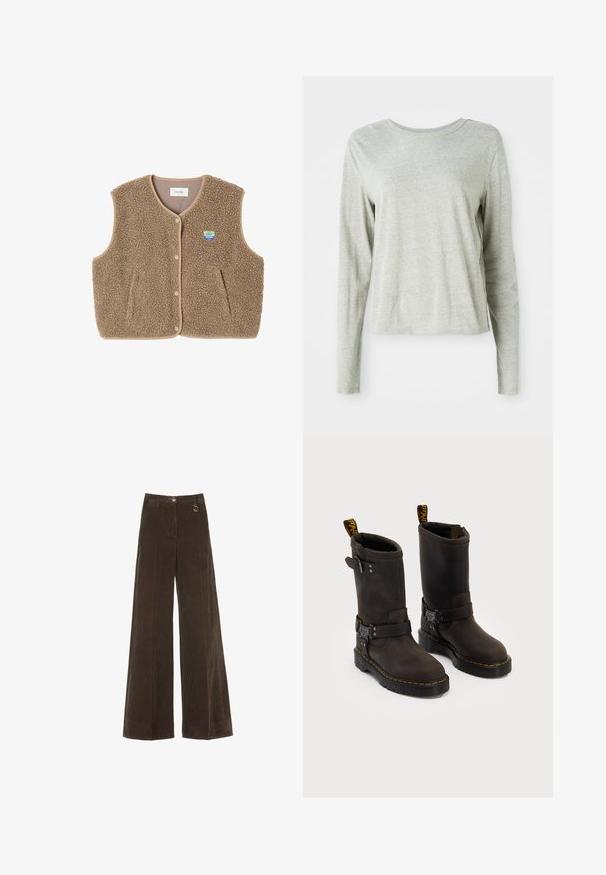 Hnedý fleecový vest s mäkkou štruktúrou, okrúhlym výstrihom, predným zapínaním na cvoky a bočnými vreckami; obsahuje malé logom.; Svetlošedá dlhá rukávová košeľa vyrobená z mäkkej látky, s okrúhlym výstrihom a voľným strihom. Švy podél strán.; Hnedé široké nohavice z kordu s vysokým pásom, zdobené zlatým gombíkom a dekoratívnym kruhovým detailom. Textúrovaná, mäkká tkanina s vertikálnymi pruhmi.; Tmavohnedé kožené čižmy s dizajnom do polovice lýtok, žltým šitím, nastaviteľnými prackami a pútkami na vrchu. Štruktúrovaný povrch.
