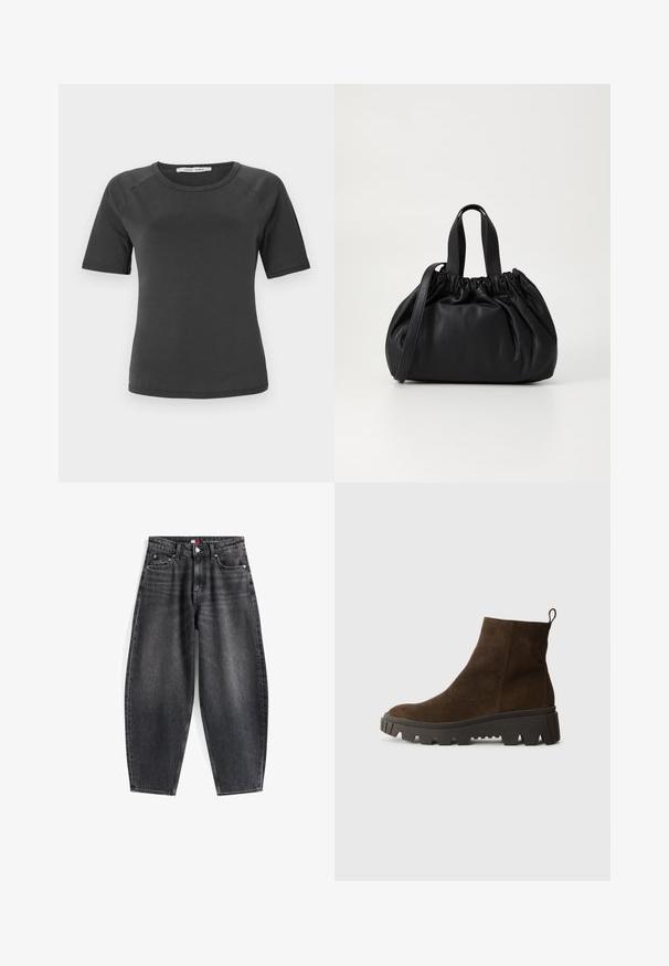 Bruine fleece vest met een zachte textuur, ronde halslijn, sluiting met drukknoop aan de voorkant en zijzakken; heeft een kleine logo patch.; Donkergrijze korte mouwen t-shirt met ronde hals, gemaakt van soepele stof, met raglan mouwen en een minimalistisch ontwerp.; Hoge taille zwarte denim jeans met een relaxed fit, voorzien van vijf zakken, riemlussen en een merklabel op de tailleband.; Bruine suède enkellaars met een stevige zwarte rubberen zool, voorzien van een lichte hak en een trekband aan de achterkant voor eenvoudig aan- en uittrekken.; Zwarte leren handtas met een geplooid ontwerp aan de bovenkant, voorzien van twee korte handvatten en een lange verstelbare schouderband. Gladde textuur, ronde vorm.