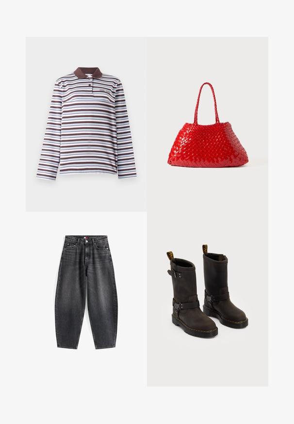 Gilet in felpa marrone con una texture morbida, scollo rotondo, chiusura frontale con bottoni a pressione e tasche laterali; presenta un piccolo logo ricamato.; Samsøe Samsøe SADOVER - Maglietta a manica lunga - raisin skyway; Jeans in denim nero a vita alta con una vestibilità rilassata, dotati di cinque tasche, passanti per la cintura e un'etichetta del marchio sulla cintura.; Stivali in pelle marrone scuro con design a metà polpaccio, cuciture gialle, cinturini con fibbia regolabile e maniglie nella parte superiore. Finitura texture.; Borsa intrecciata rossa con finitura lucida, dotata di manici intrecciati. Forma triangolare distintiva e superficie testurizzata con un motivo fitto.