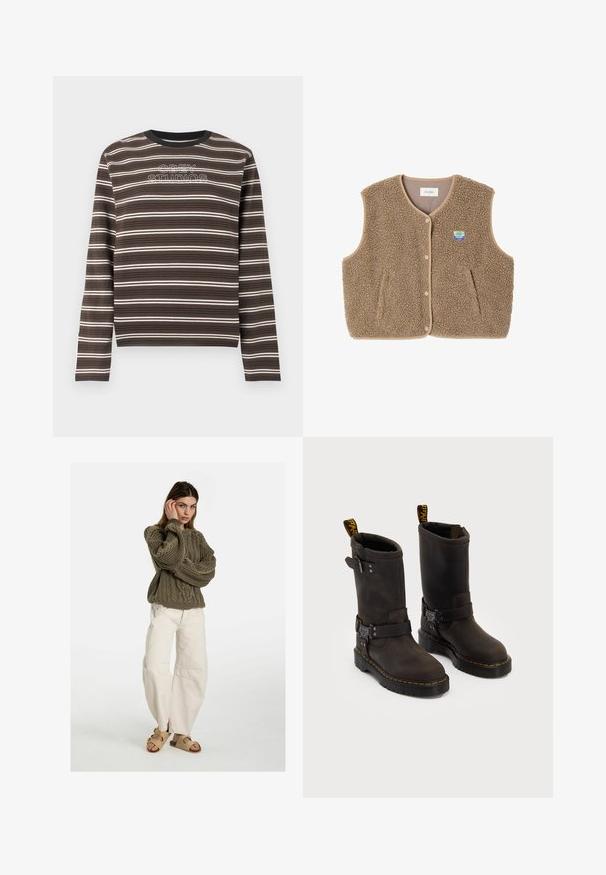 Bruine fleece vest met een zachte textuur, ronde halslijn, sluiting met drukknoop aan de voorkant en zijzakken; heeft een kleine logo patch.; Bruin en zwart gestreept shirt met lange mouwen, met witte tekst "OBEY STUDIOS" geborduurd op de borst, ronde hals.; Free People GOOD LUCK MID RISE BARREL - Relaxed fit jeans - beige; Donkerbruin leren laarzen met een ontwerp tot halverwege de kuit, gele stiksels, verstelbare gespbanden en trekflappen aan de bovenkant. Gestructureerde afwerking.