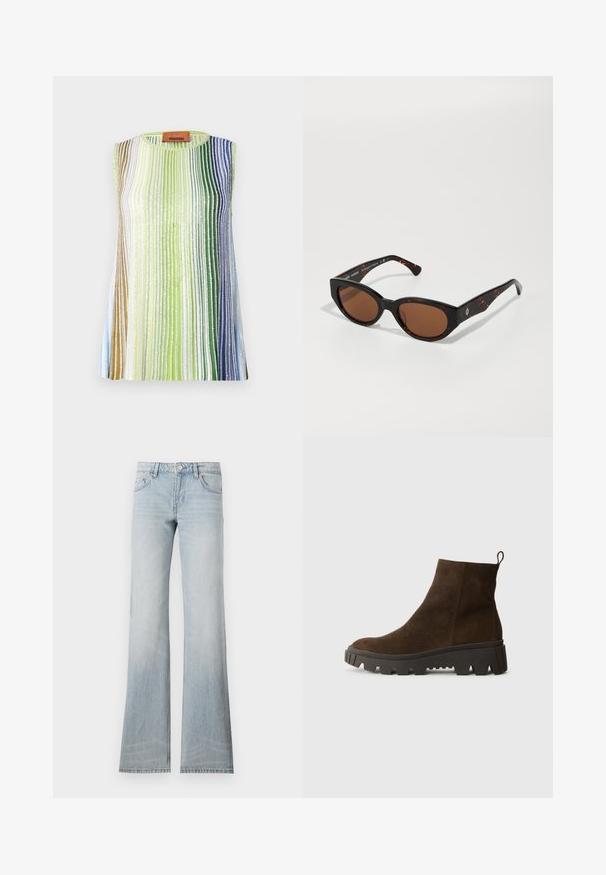 Brązowa kamizelka z polaru o miękkiej fakturze, z okrągłym dekoltem, z przodu na zatrzaski oraz z bocznymi kieszeniami; zawiera małą naszywkę z logo.; Top bez rękawów w pionowe paski w odcieniach zieleni, niebieskiego i srebra. Wykonany z teksturowanej tkaniny z okrągłym dekoltem i metką z logo.; Jasnoniebieskie dżinsy dzwonowe z wyblakłym wykończeniem, pięcioma kieszeniami i zapięciem na guzik. Materiał ma gładką fakturę i lekką elastyczność.; Brązowy zamszowy botek za kostkę z masywną czarną gumową podeszwą, posiadający lekki obcas i pętelkę z tyłu ułatwiającą zakładanie.; Czarne okulary przeciwsłoneczne w tortoishell z brązowymi soczewkami, kanciasty design i szerokie oprawki z subtelnym logo. Gładka tekstura plastiku.; Zielona zamszowa torba typu tote o miękkiej fakturze, luźnym fasonie i przeszywanych szwach. Posiada jeden uchwyt oraz otwartą główną komorę.