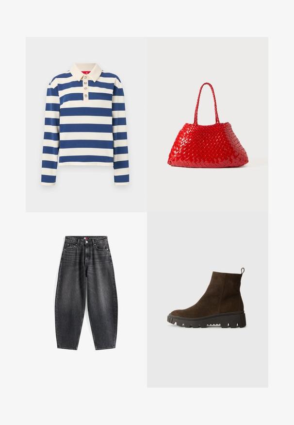 Smeđa flis prsluk s mekom teksturom, okruglim izrezom, prednjim zatvaranjem na kopču i bočnim džepovima; sadrži malu oznaku loga.; Prugasta polo majica koja sadrži široke mornarsko plave i krem pruge, ovratnik i pet ukrasnih dugmadi sprijeda. Duge rukave.; Crne traperice visokog struka s opuštenim krojem, koje imaju pet džepova, petlje za pojas i oznaku marke na elastičnoj traci.; Smeđi nubuk čizmica do gležnjeva s debelim crnim gumennim potplatom, koja ima blagi potpeticu i vezicu na stražnjem dijelu za lakše oblačenje.; Crvena tkana torba s sjajnim završetkom, koja ima pletene ručke. Karakterističnog trokutastog oblika i teksturirane površine sa uskim uzorkom.