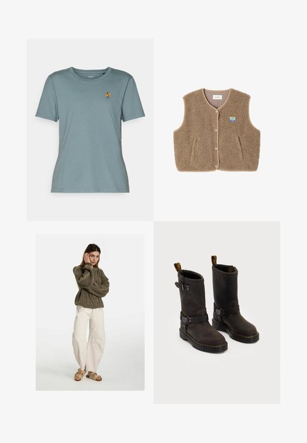 Ruskea fleece-liivi, jossa on pehmeä rakenne, pyöreä kaula-aukko, edessä nappisuljenta ja sivutaskut; sisältää pienen logopatchin.; Lyhythihainen t-paita pehmeästä teal-värisestä puuvillasta, jossa on pieni brodeerattu kuvio vasemmassa rintapielessä. Kuvassa on hahmo, joka pitää oranssia surffaa.; Free People GOOD LUCK MID RISE BARREL - Relaxed fit -farkut - beige; Tummanruskeat nahkakengät, joissa on keskipolven pituinen muotoilu, keltaiset ompeleet, säädettävät solkihihnat ja vetonauhat ylhäällä. Rapeutettu pinta.