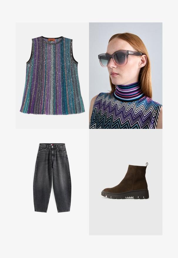 Gilet in felpa marrone con una texture morbida, scollo rotondo, chiusura frontale con bottoni a pressione e tasche laterali; presenta un piccolo logo ricamato.; Missoni TANK - Top - dark tones multicolor; Jeans in denim nero a vita alta con una vestibilità rilassata, dotati di cinque tasche, passanti per la cintura e un'etichetta del marchio sulla cintura.; Stivaletto in camoscio marrone con suola in gomma nera chunky, caratterizzato da un leggero tacco e una linguetta sul retro per una facile calzata.; Occhiali da sole oversize con gradiente, montatura scura e lenti colorate, indossati con una maglietta senza maniche a fantasia multicolore con colletto alto.