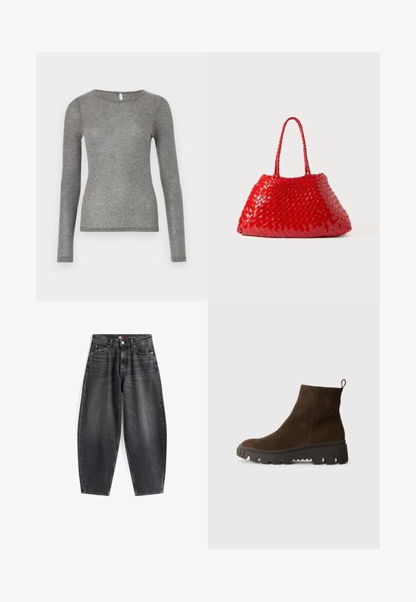 Brun fleece vest med en blød tekstur, rund halsudskæring, frontsnaplukning og sidelommer; har et lille logo patch.; Samsøe Samsøe DOU - Langærmet T-shirt - grey; Højtaljede sorte denimjeans med en afslappet pasform, der har fem lommer, bæltestropper og et mærket bælte.; Brun ruskindsankelstøvle med en kraftig sort gummisål, der har en let hæl og en slip-in hækling for nem påklædning.; Rød vævet håndtaske med blank finish, der har flettede håndtag. Distinktiv trekantet form og tekstureret overflade med et stramt mønster.