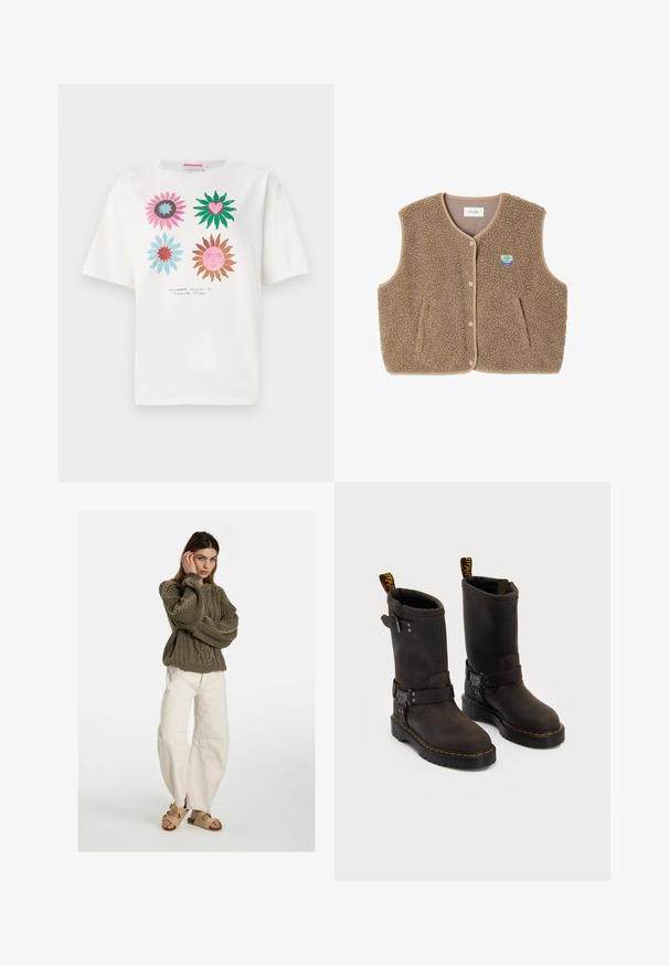 Brown fleece vest with a soft texture, rounded neckline, front snap closure, and side pockets; features a small logo patch.; White cotton t-shirt featuring a design with four colorful flower motifs in pink, green, blue, and brown, with printed text below.; Free People GOOD LUCK MID RISE BARREL - Relaxed fit jeans - beige; Dark brown leather boots with a mid-calf design, yellow stitching, adjustable buckle straps, and pull tabs on the top. Textured finish.