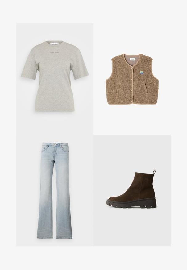 Chaleco de forro polar marrón con una textura suave, escote redondeado, cierre frontal de botones a presión y bolsillos laterales; presenta un pequeño parche con el logo.; Camiseta de algodón gris claro con mangas cortas y escote redondeado. Cuenta con texto de la marca en relieve en la parte delantera. Textura suave.; Jeans acampanados de mezclilla azul claro con un acabado desgastado, cinco bolsillos y cierre de botón. La tela tiene una textura suave y un ligero estiramiento.; Botín de ante marrón hasta el tobillo con una suela de goma negra gruesa, que presenta un ligero tacón y una lengüeta en la parte posterior para facilitar su puesta.