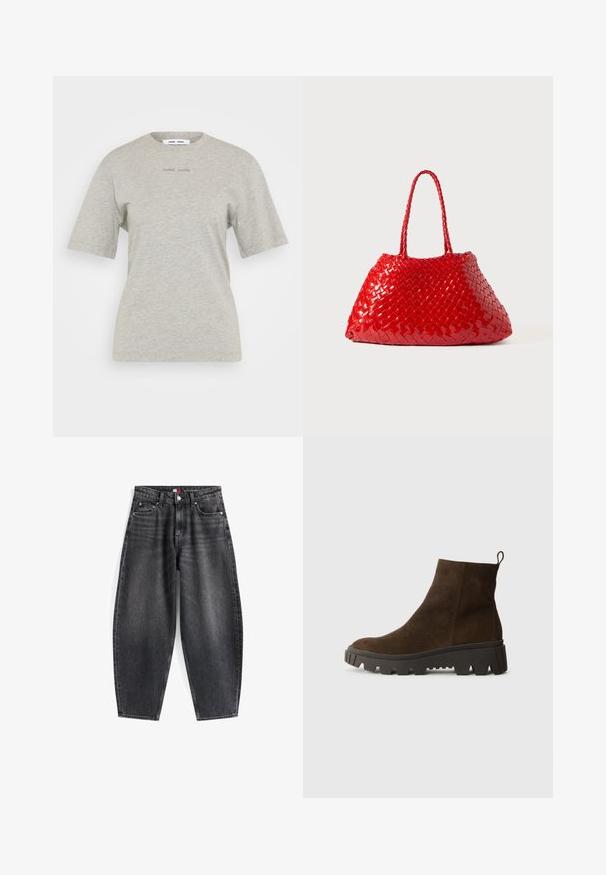 Bruine fleece vest met een zachte textuur, ronde halslijn, sluiting met drukknoop aan de voorkant en zijzakken; heeft een kleine logo patch.; Lichtgrijs katoen T-shirt met korte mouwen en een ronde halslijn. Bevat reliëf merktekst aan de voorkant. Soepele textuur.; Hoge taille zwarte denim jeans met een relaxed fit, voorzien van vijf zakken, riemlussen en een merklabel op de tailleband.; Bruine suède enkellaars met een stevige zwarte rubberen zool, voorzien van een lichte hak en een trekband aan de achterkant voor eenvoudig aan- en uittrekken.; Rode geweven handtas met glanzende afwerking, voorzien van gevlochten handvatten. Kenmerkende driehoekige vorm en gestructureerd oppervlak met een strak patroon.