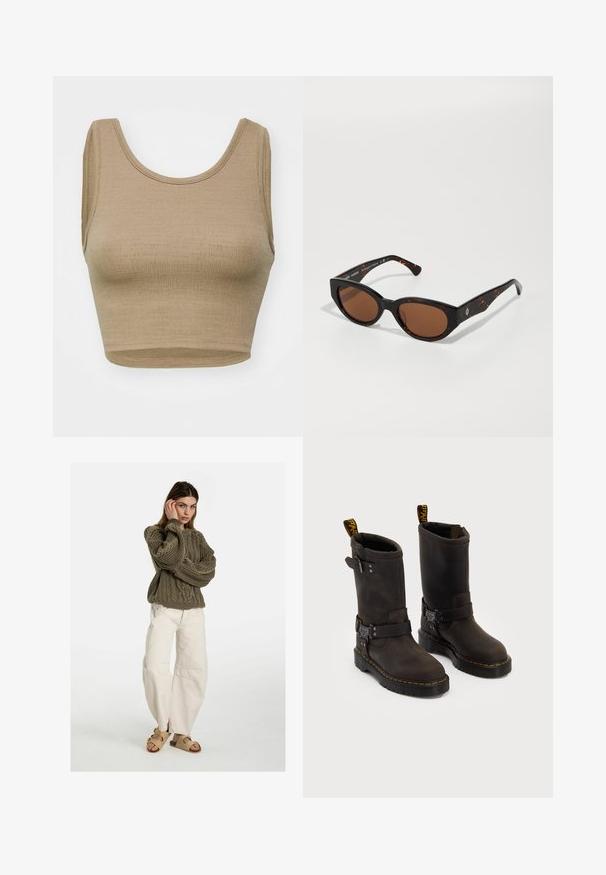 Smeđa flis prsluk s mekom teksturom, okruglim izrezom, prednjim zatvaranjem na kopču i bočnim džepovima; sadrži malu oznaku loga.; Bežkratka top od teksturirane pletene tkanine s okruglim izrezom i širokim otvorima za ruke, s čistim, jednostavnim krojem i bez zakopčavanja.; Free People GOOD LUCK MID RISE BARREL - Traperice opuštenog kroja - beige; Tamno smeđe kožne čizme srednje visine, sa žutim šavovima, podesivim kopčama i ručicama za povlačenje na vrhu. Teksturirana površina.; Crne kornjačaste sunčane naočale s smešnim lećama, uglastog dizajna, širokim krakovima s suptilnim logotipom. Glatka plastična tekstura.
