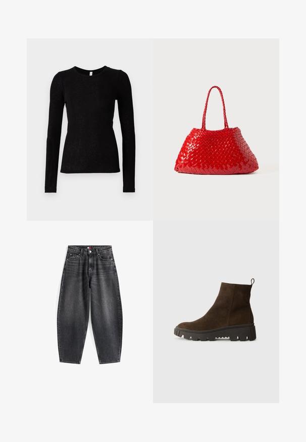 Rudas pūkų liemenė su minkšta tekstūra, suapvalintu apykakle, priekiniais spaudžiamaisiais užtrauktukais ir šoninėmis kišenėmis; turi mažą logotipo etikėtę.; Samsøe Samsøe DOU - Ilgarankovis viršutinės dalies drabužis - black; Aukštos liemens juodi džinsai su laisvu siluetu, kurie turi penkis kišenes, diržo kilpas ir prekės ženklo etiketę ant juosmens.; Rudos zomšiniai auliniai batai su masyvi juoda guminėmis padais, turintys šiek tiek pakylą ir kilpą gale, kad būtų lengva užsidėti.; Raudona pintinė rankinė su blizgiu paviršiumi, turinti pintas rankenas. Išskirtinė trikampė forma ir tekstūruotas paviršius su tankiu raštu.