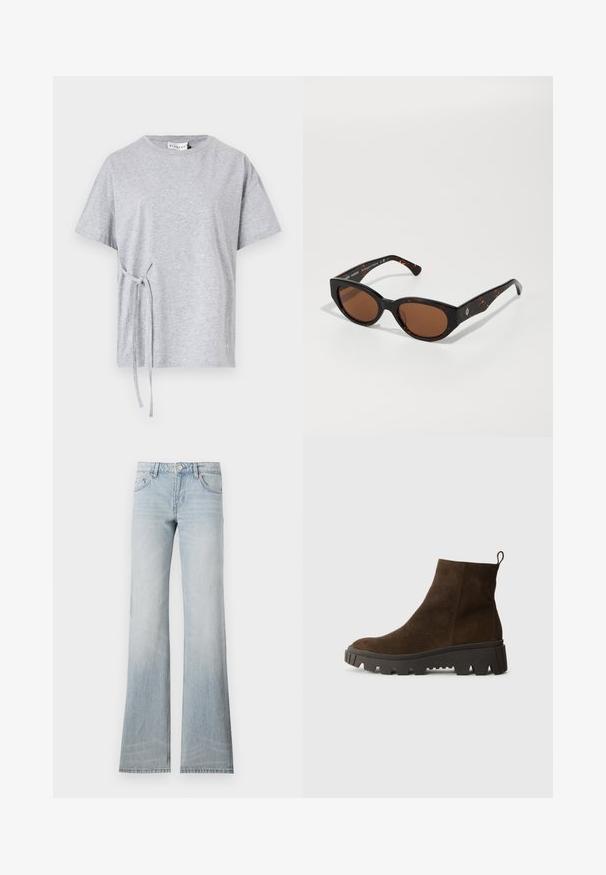 Brauner Fleece-Weste mit weicher Textur, runder Ausschnitt, vorderer Druckverschluss und Seitentaschen; verfügt über ein kleines Logo-Patch.; Graues Baumwoll-T-Shirt mit rundem Halsausschnitt, kurzen Ärmeln und seitlichem Knotendetail. Strukturierte, lässige Passform mit schlichter Gestaltung.; Helle blauen, ausgestellten Jeans aus Denim mit einem verblassten Finish, fünf Taschen und einem Knopfverschluss. Der Stoff hat eine glatte Textur und einen leichten Stretch.; Braune Wildleder-Ankle-Boots mit einer stabilen schwarzen Gummisohle, leichtem Absatz und einer Schlaufe auf der Rückseite für einfaches Anziehen.; Schwarze Schildpatt-Sonnenbrille mit braunen Gläsern, eckigem Design und breiten Bügeln, die ein dezentes Logo-Detail aufweisen. Glatte Kunststoffoberfläche.