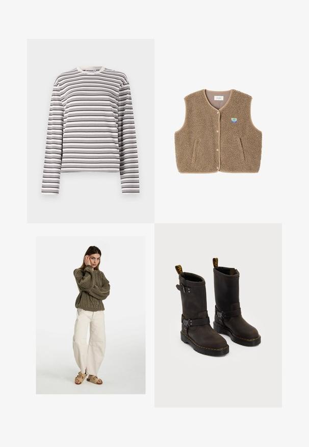 Brūns flīsa žakets ar mīkstu tekstūru, noapaļotu kakla izgriezumu, priekšējo spiedpogu aizdari un sānu kabatām; tam ir maza logo uzšuve.; Ilgām piedurknēm T-krekls krēmkrāsā ar horizontālām melnām svītrām, apaļā kakla izgriezums un brīva piegriezuma. Kokvilnas materiāls ar gludu tekstūru.; Free People GOOD LUCK MID RISE BARREL - Brīva piegriezuma džinsi - beige; Tumši brūni ādas zābaki ar vidukļa dizainu, dzelteni izšuvumi, regulējamas sprādzes un cilpas augšpusē. Strukturēta apdare.