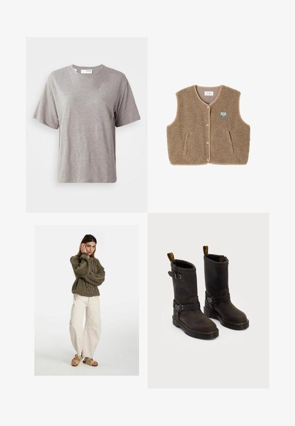 Chaleco de forro polar marrón con una textura suave, escote redondeado, cierre frontal de botones a presión y bolsillos laterales; presenta un pequeño parche con el logo.; Camiseta de manga corta gris claro hecha de una tela suave, con un escote redondo y un ajuste relajado, sin patrones o acentos prominentes.; Free People GOOD LUCK MID RISE BARREL - Vaqueros boyfriend - beige; Botas de cuero marrón oscuro con un diseño a media pantorrilla, costuras amarillas, correas de hebilla ajustables y lengüetas de tirón en la parte superior. Acabado texturizado.