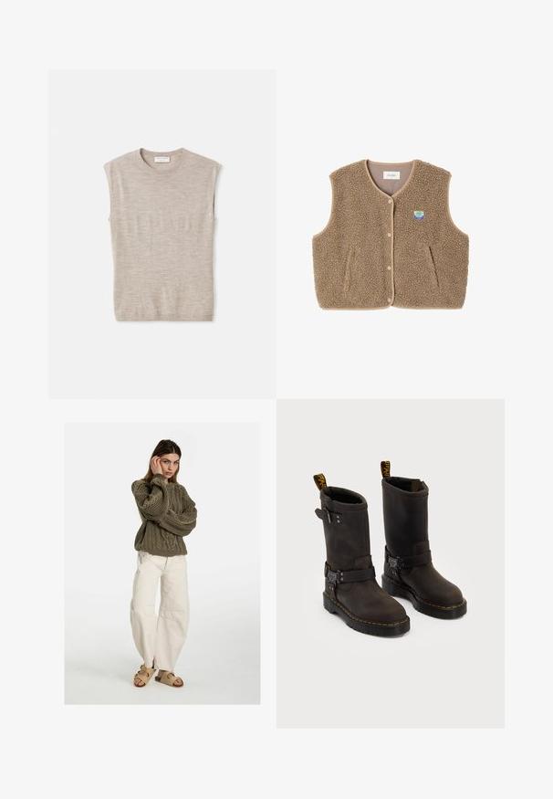 Brūns flīsa žakets ar mīkstu tekstūru, noapaļotu kakla izgriezumu, priekšējo spiedpogu aizdari un sānu kabatām; tam ir maza logo uzšuve.; Gaiši bež bezpiecēšu augšu, izgatavots no mīksta materiāla, ar apaļu kakla izgriezumu, tīrām līnijām un nedaudz brīvu piegriezumu. Minimālistisks dizains.; Free People GOOD LUCK MID RISE BARREL - Brīva piegriezuma džinsi - beige; Tumši brūni ādas zābaki ar vidukļa dizainu, dzelteni izšuvumi, regulējamas sprādzes un cilpas augšpusē. Strukturēta apdare.