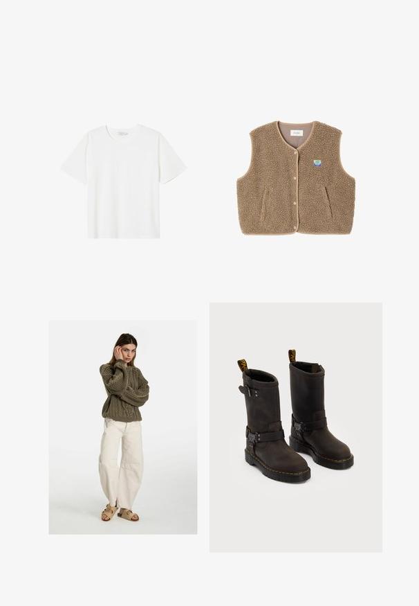 Brązowa kamizelka z polaru o miękkiej fakturze, z okrągłym dekoltem, z przodu na zatrzaski oraz z bocznymi kieszeniami; zawiera małą naszywkę z logo.; Biała bawełniana koszulka z klasycznym okrągłym dekoltem, krótkim rękawem i bez widocznych wzorów czy faktur. Prosty dół.; Free People - Jeansy Relaxed Fit; Ciemnobrązowe skórzane buty z projektu do połowy łydki, żółte szwy, regulowane paski z klamrami oraz pętle do zakupu na górze. Teksturowane wykończenie.