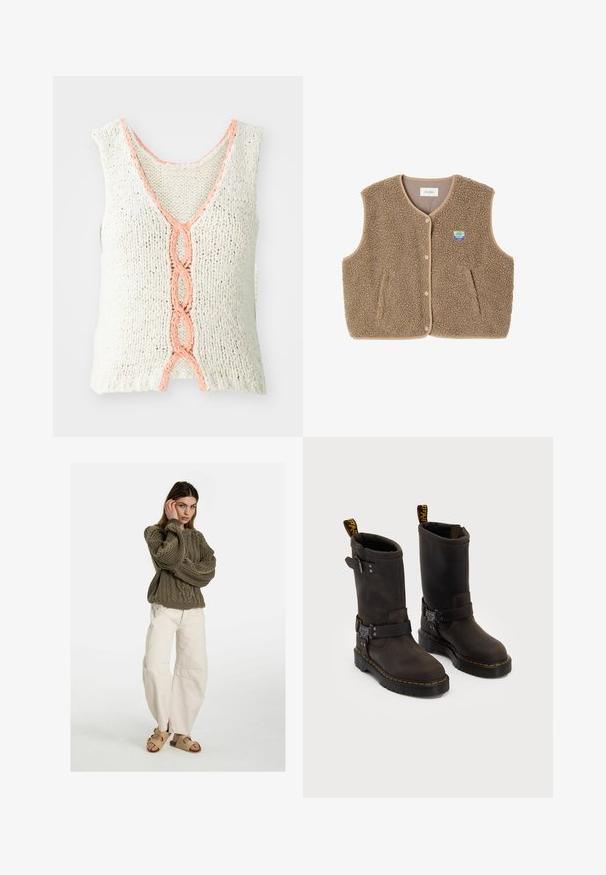 Rjav flis brezrokavnik z mehko teksturo, okroglim ovratnikom, sprednjim zapiranjem na pritiskače in stranskimi žepe; ima majhen logotip.; Pleteni top brez rokavov v kremni barvi z V-izrezom, ki ima spredaj pleteno koralno podrobnost. Tekstuirana tkanina z ohlapnim krojem.; Free People GOOD LUCK MID RISE BARREL - Široke kavbojke - beige; Temno rjave usnjene čevlje s srednje dolgim dizajnom, rumenimi šivi, nastavljivimi sponkami in zanka za vlečenje na vrhu. Tekstura na površini.