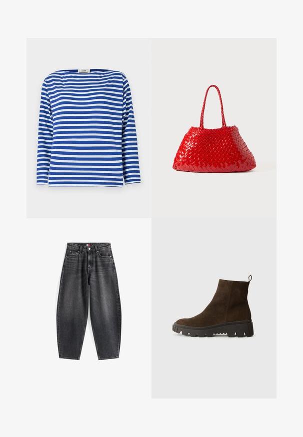 Brown fleece vest with a soft texture, rounded neckline, front snap closure, and side pockets; features a small logo patch.; Blue and white striped long-sleeve top with a boat neckline. Made of lightweight fabric with a relaxed fit and straight hem.; High-waisted black denim jeans with a relaxed fit, featuring five pockets, belt loops, and a branded waistband label.; Brown suede ankle boot with a chunky black rubber sole, featuring a slight heel and a pull tab at the back for easy wear.; Red woven handbag with glossy finish, featuring braided handles. Distinctive triangular shape and textured surface with a tight pattern.