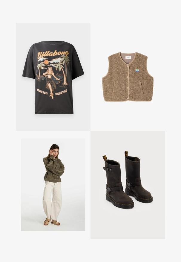 Pruun fliistekampsun pehmea tekstuuriga, ümar kaelus, eesnööbiga sulgemine ja küljetaskud; sisaldab väikest logo silti.; Musta puuvillane T-särk, millel on värvikas graafika hula-tantsijast, palmipuudest ja tekst "Billabong" julgete tähtedega.; Free People GOOD LUCK MID RISE BARREL - Avar lõikega teksad - beige; Tumedate pruunid nahast saapad keskmise kannaga, kollased õmblused, reguleeritavad klambrid ja tõmblukud ülaosas. Marmoreeritud viimistlus.