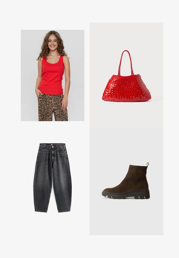 Chaleco de forro polar marrón con una textura suave, escote redondeado, cierre frontal de botones a presión y bolsillos laterales; presenta un pequeño parche con el logo.; Top rojo sin mangas con escote en barco, hecho de una tela suave. Combinado con pantalones sueltos de estampado de leopardo que presentan patrones en negro y marrón.; Vaqueros de mezclilla negros de tiro alto con un corte relajado, que cuentan con cinco bolsillos, presillas para cinturón y una etiqueta de marca en la cinturilla.; Botín de ante marrón hasta el tobillo con una suela de goma negra gruesa, que presenta un ligero tacón y una lengüeta en la parte posterior para facilitar su puesta.; Bolso de mano tejido en rojo con acabado brillante, que presenta asas trenzadas. Forma triangular distintiva y superficie texturizada con un patrón apretado.