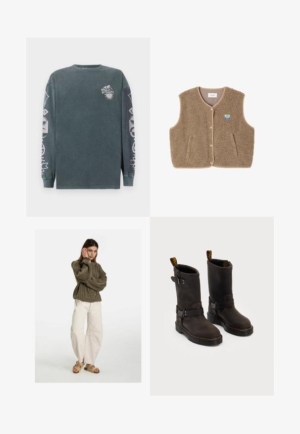 Ruskea fleece-liivi, jossa on pehmeä rakenne, pyöreä kaula-aukko, edessä nappisuljenta ja sivutaskut; sisältää pienen logopatchin.; Pitkähihaista tummanvihreää puuvillapaitaa, jossa on valkoiset graafiset printit hihoissa ja rinnassa. Ribbaus kauluksessa ja hihoissa. Normaalimuotoinen.; Free People GOOD LUCK MID RISE BARREL - Relaxed fit -farkut - beige; Tummanruskeat nahkakengät, joissa on keskipolven pituinen muotoilu, keltaiset ompeleet, säädettävät solkihihnat ja vetonauhat ylhäällä. Rapeutettu pinta.