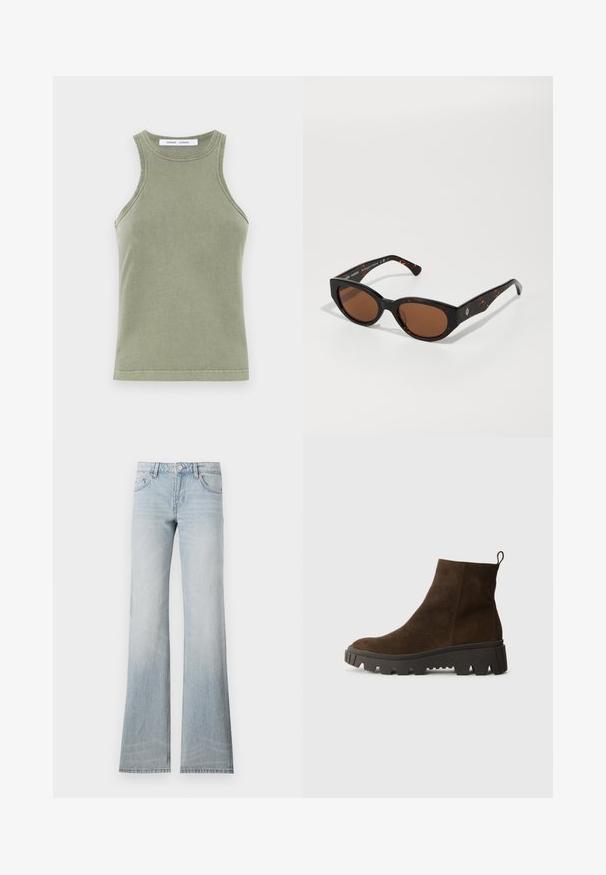 Brun fleece vest med en blød tekstur, rund halsudskæring, frontsnaplukning og sidelommer; har et lille logo patch.; Olivengrøn tanktop lavet af blødt bomuld, med rund halsudskæring, ærmeløs design og syede kanter. Enkel, tætsiddende form.; Lyseblå denim flared jeans med en slidt finish, fem lommer og knaplukning. Stoffet har en glat tekstur og let stræk.; Brun ruskindsankelstøvle med en kraftig sort gummisål, der har en let hæl og en slip-in hækling for nem påklædning.; Sorte skildpadde-solbriller med brune linser, kantet design og brede arme med en diskret logodetail. Glat plastisk tekstur.