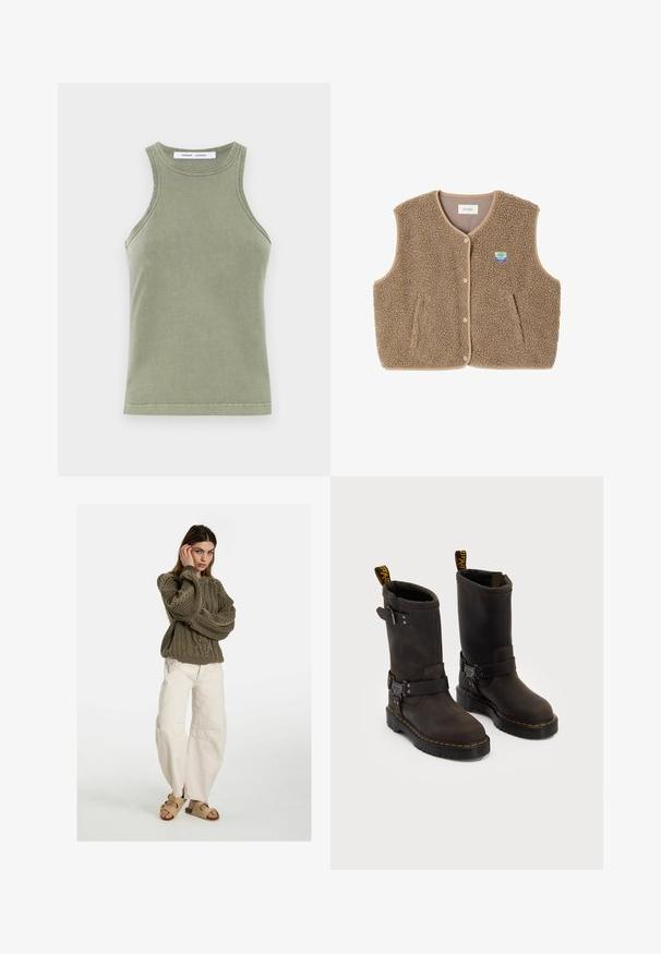 Brauner Fleece-Weste mit weicher Textur, runder Ausschnitt, vorderer Druckverschluss und Seitentaschen; verfügt über ein kleines Logo-Patch.; Olivgrünes Tanktop aus weicher Baumwolle, mit Rundhalsausschnitt, ärmellosem Design und genähten Kanten. Schlichte, taillierte Form.; Free People GOOD LUCK MID RISE BARREL - Jeans Relaxed Fit - beige; Dunkelbraune Lederstiefel mit einem Design bis zur Mitte der Wade, gelben Nähten, verstellbaren Schnallenriemen und Zuglaschen oben. Strukturierte Oberfläche.