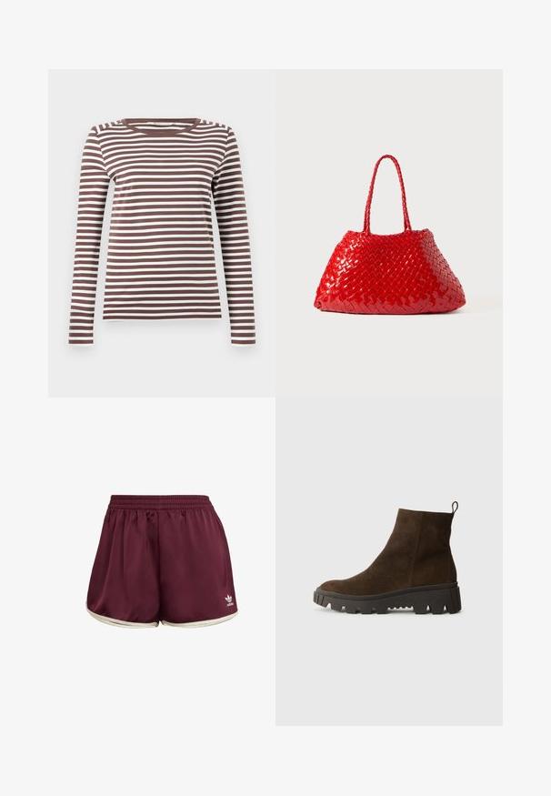 Brauner Fleece-Weste mit weicher Textur, runder Ausschnitt, vorderer Druckverschluss und Seitentaschen; verfügt über ein kleines Logo-Patch.; Braun-weiß gestreiftes Langarm-T-Shirt mit rundem Ausschnitt und taillierter Passform. Weicher Stoff mit glatter Textur.; adidas Originals SPRINTER - Shorts - maroon cream white; Braune Wildleder-Ankle-Boots mit einer stabilen schwarzen Gummisohle, leichtem Absatz und einer Schlaufe auf der Rückseite für einfaches Anziehen.; Rote gewebte Handtasche mit glänzender Oberfläche, ausgestattet mit geflochtenen Griffen. Auffällige dreieckige Form und strukturierte Oberfläche mit dichtem Muster.