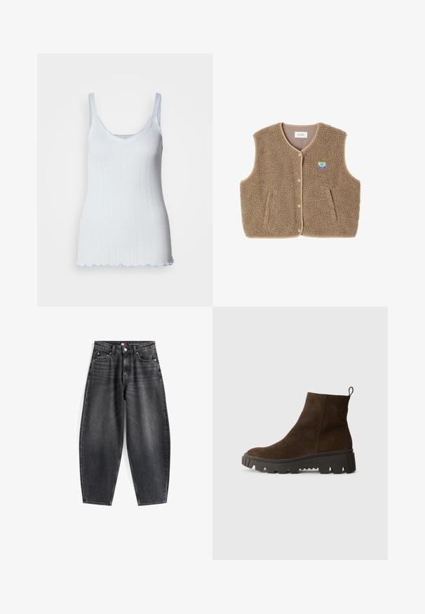 Hnědá fleecová vesta s jemnou texturou, kulatým výstřihem, předním zapínáním na patentky a bočními kapsami; má malou nášivku s logem.; Světle modrý tílko vyrobené z textura látky s výstřihem ve tvaru srdce, tenkými ramínky a vlnitým lemem. Má vzor srdcí po celé ploše.; Černé džíny s vysokým pasem a uvolněným střihem, obsahující pět kapes, poutka na opasek a značkovou etiketu na pase.; Hnědé semišové kotníkové boty s masivní černou gumovou podrážkou, s mírným podpatkem a s poutkem na zadní straně pro snadné obouvání.