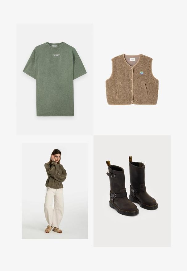 Brown fleece vest with a soft texture, rounded neckline, front snap closure, and side pockets; features a small logo patch.; Green cotton t-shirt with a crew neckline, short sleeves, and a printed "STIEGLITZ" logo on the chest. Soft texture and casual fit.; Free People GOOD LUCK MID RISE BARREL - Relaxed fit jeans - beige; Dark brown leather boots with a mid-calf design, yellow stitching, adjustable buckle straps, and pull tabs on the top. Textured finish.