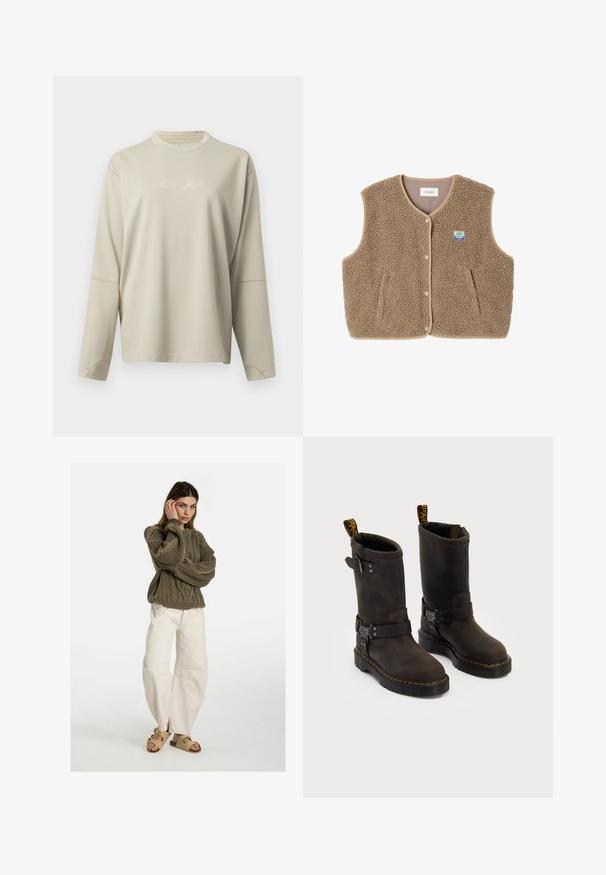Hnedý fleecový vest s mäkkou štruktúrou, okrúhlym výstrihom, predným zapínaním na cvoky a bočnými vreckami; obsahuje malé logom.; Svetlobežová dlhá sieťová blúzka s okrúhlym výstrihom. Obsahuje jemne embosované logo a kontrastné švy pozdĺž švov.; Free People GOOD LUCK MID RISE BARREL - Džínsy voľného strihu - beige; Tmavohnedé kožené čižmy s dizajnom do polovice lýtok, žltým šitím, nastaviteľnými prackami a pútkami na vrchu. Štruktúrovaný povrch.