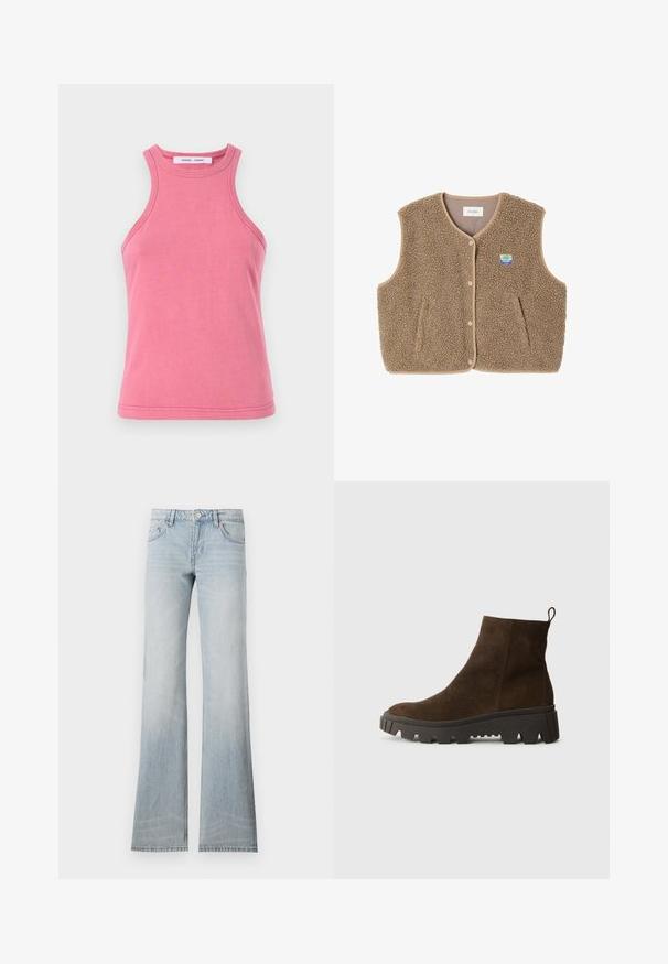 Smeđa flis prsluk s mekom teksturom, okruglim izrezom, prednjim zatvaranjem na kopču i bočnim džepovima; sadrži malu oznaku loga.; Roza pamučna majica bez rukava s okruglim izrezom i dizajnom s leđa. Ima dvostruko šivane rubove i mekan, gladak materijal.; Svijetloplavi traperice u flared stilu s izblijedjelim finišem, pet džepova i kopčom na gumb. Tkanina ima glatku teksturu i laganu rastezljivost.; Smeđi nubuk čizmica do gležnjeva s debelim crnim gumennim potplatom, koja ima blagi potpeticu i vezicu na stražnjem dijelu za lakše oblačenje.