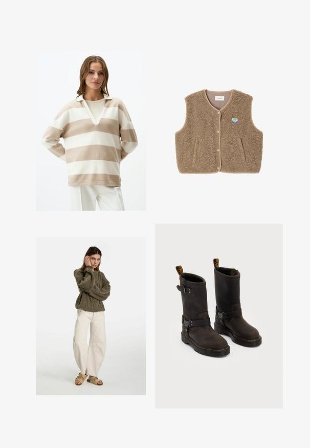 Gilet en polaire marron avec une texture douce, encolure ronde, fermeture à pression à l'avant et poches latérales ; présente un petit patch logo.; Pull en beige et blanc rayé à col V, fabriqué en tissu doux. Présente une coupe décontractée et des fentes latérales à l'ourlet.; Free People GOOD LUCK MID RISE BARREL - Jean boyfriend - beige; Bottes en cuir marron foncé au design mi-mollet, avec des coutures jaunes, des sangles à boucle réglables et des tirettes en haut. Fini texturé.