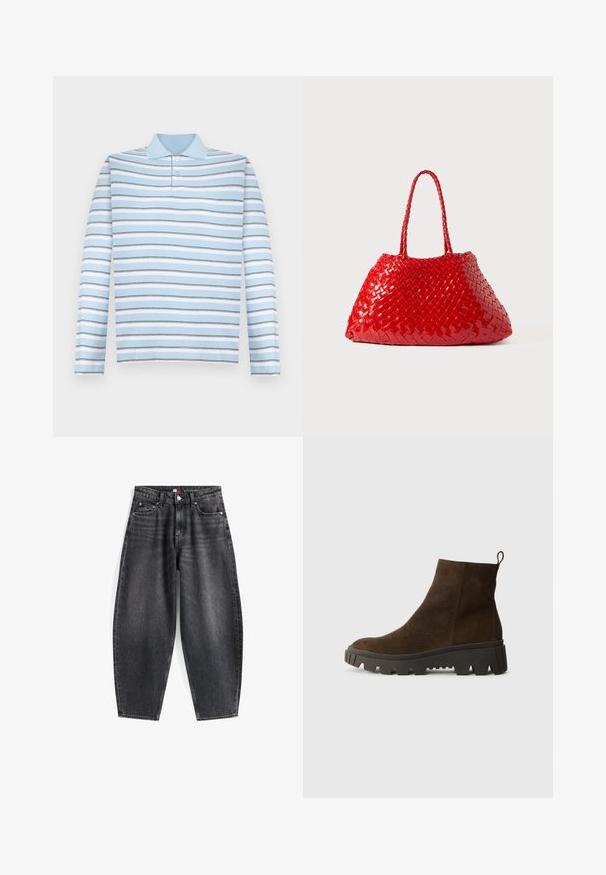Gilet en polaire marron avec une texture douce, encolure ronde, fermeture à pression à l'avant et poches latérales ; présente un petit patch logo.; Polo shirt à manches longues bleu clair avec des rayures horizontales grises et blanches et un col.; Jeans en denim noir taille haute avec une coupe décontractée, dotés de cinq poches, de passants de ceinture et d'une étiquette de brand sur la ceinture.; Bottine en suède marron avec une semelle en caoutchouc noir épaisse, dotée d'un léger talon et d'une anse à l'arrière pour un enfilage facile.; Sac à main tissé rouge avec finition brillante, doté de poignées tressées. Forme triangulaire distinctive et surface texturée avec un motif serré.