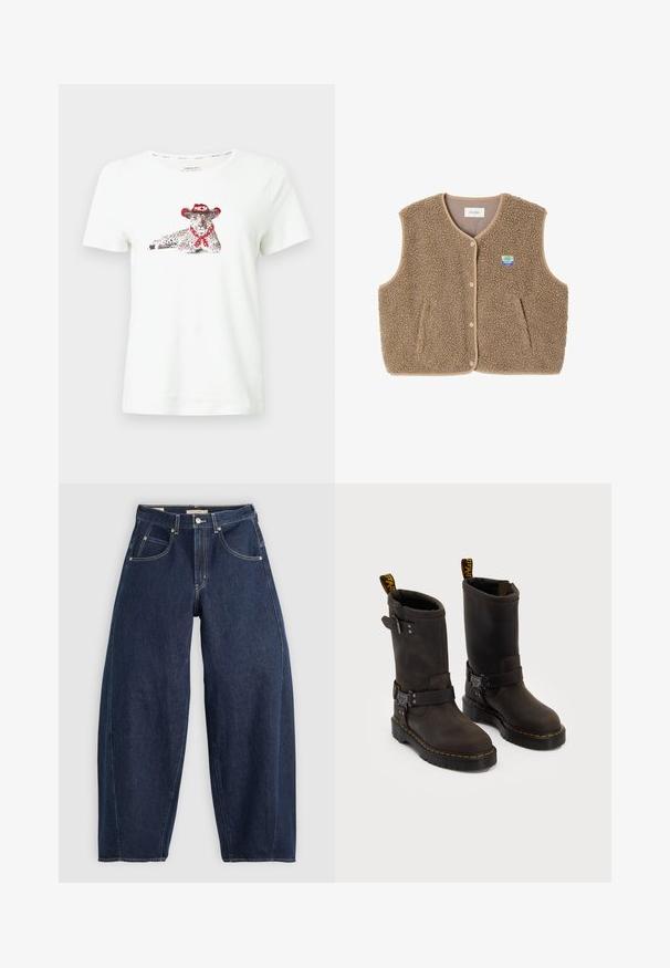 Gilet in felpa marrone con una texture morbida, scollo rotondo, chiusura frontale con bottoni a pressione e tasche laterali; presenta un piccolo logo ricamato.; Maglietta bianca di cotone con stampa di un leopardo che indossa un cappello da cowboy rosso e un fazzoletto. Maniche corte e vestibilità casual.; Jeans in denim blu scuro con una vestibilità ampia, cuciture chiare, cinque tasche e chiusura con bottone in vita.; Stivali in pelle marrone scuro con design a metà polpaccio, cuciture gialle, cinturini con fibbia regolabile e maniglie nella parte superiore. Finitura texture.