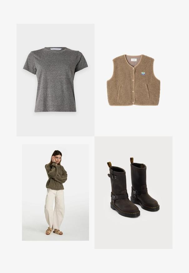 Brązowa kamizelka z polaru o miękkiej fakturze, z okrągłym dekoltem, z przodu na zatrzaski oraz z bocznymi kieszeniami; zawiera małą naszywkę z logo.; Mother - T-shirt basic; Free People - Jeansy Relaxed Fit; Ciemnobrązowe skórzane buty z projektu do połowy łydki, żółte szwy, regulowane paski z klamrami oraz pętle do zakupu na górze. Teksturowane wykończenie.