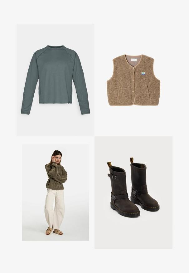 Gilet in felpa marrone con una texture morbida, scollo rotondo, chiusura frontale con bottoni a pressione e tasche laterali; presenta un piccolo logo ricamato.; Maglietta a maniche lunghe con scollo rotondo in tessuto texturizzato di un blu scuro, caratterizzata da un motivo a costine e orlo leggermente accorciato.; Free People GOOD LUCK MID RISE BARREL - Jeans baggy - beige; Stivali in pelle marrone scuro con design a metà polpaccio, cuciture gialle, cinturini con fibbia regolabile e maniglie nella parte superiore. Finitura texture.