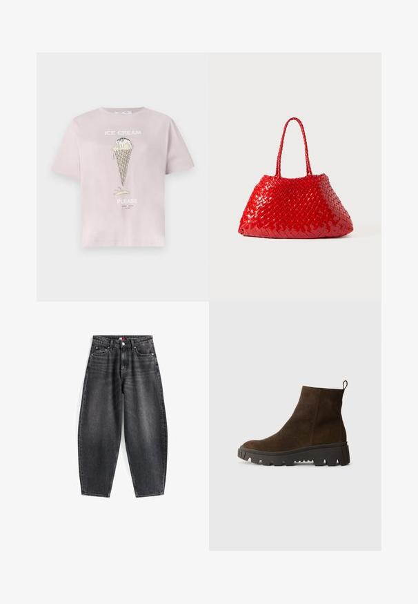 Bruine fleece vest met een zachte textuur, ronde halslijn, sluiting met drukknoop aan de voorkant en zijzakken; heeft een kleine logo patch.; Lichtroze katoenen t-shirt met een afbeelding van een ijsje met druppels. Tekst luidt "IJS A.U.B." in het wit. Korte mouwen, ontspannen pasvorm.; Hoge taille zwarte denim jeans met een relaxed fit, voorzien van vijf zakken, riemlussen en een merklabel op de tailleband.; Bruine suède enkellaars met een stevige zwarte rubberen zool, voorzien van een lichte hak en een trekband aan de achterkant voor eenvoudig aan- en uittrekken.; Rode geweven handtas met glanzende afwerking, voorzien van gevlochten handvatten. Kenmerkende driehoekige vorm en gestructureerd oppervlak met een strak patroon.