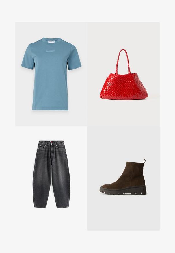 Brun fleece vest med en blød tekstur, rund halsudskæring, frontsnaplukning og sidelommer; har et lille logo patch.; T-shirt med rund hals i lyseblå bomuld, med et struktureret "LACOSTE" logo på fronten. Korte ærmer og en standard pasform.; Højtaljede sorte denimjeans med en afslappet pasform, der har fem lommer, bæltestropper og et mærket bælte.; Brun ruskindsankelstøvle med en kraftig sort gummisål, der har en let hæl og en slip-in hækling for nem påklædning.; Rød vævet håndtaske med blank finish, der har flettede håndtag. Distinktiv trekantet form og tekstureret overflade med et stramt mønster.
