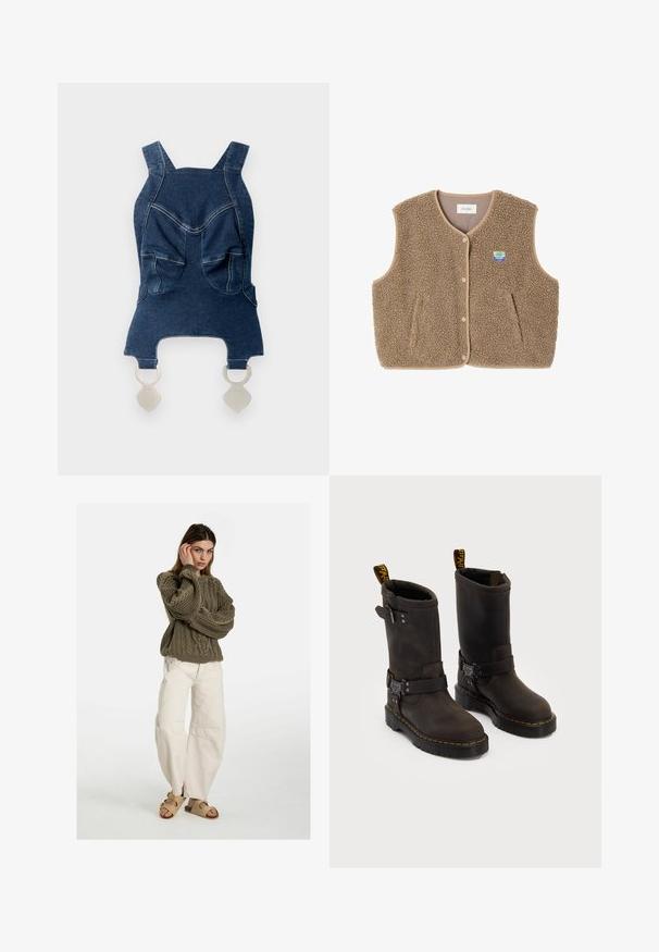 Chaleco de forro polar marrón con una textura suave, escote redondeado, cierre frontal de botones a presión y bolsillos laterales; presenta un pequeño parche con el logo.; Top de denim con tirantes anchos, dos bolsillos frontales, un escote curvado y herrajes plateados en la parte inferior para el cierre.; Free People GOOD LUCK MID RISE BARREL - Vaqueros boyfriend - beige; Botas de cuero marrón oscuro con un diseño a media pantorrilla, costuras amarillas, correas de hebilla ajustables y lengüetas de tirón en la parte superior. Acabado texturizado.