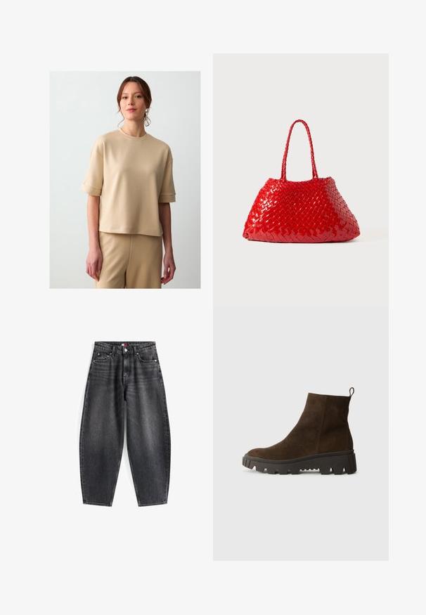 Brązowa kamizelka z polaru o miękkiej fakturze, z okrągłym dekoltem, z przodu na zatrzaski oraz z bocznymi kieszeniami; zawiera małą naszywkę z logo.; Beżowy top z krótkim rękawem z miękkiego, gładkiego materiału, z okrągłym dekoltem i podwiniętymi rękawami, zestawiony z pasującymi beżowymi spodniami.; Czarny dżinsowy jeans o wysokim stanie z luźnym krojem, z pięcioma kieszeniami, szlufkami na pasek oraz metką z logo na pasek.; Brązowy zamszowy botek za kostkę z masywną czarną gumową podeszwą, posiadający lekki obcas i pętelkę z tyłu ułatwiającą zakładanie.; Czerwona pleciona torba o błyszczącej powierzchni, z plecionymi uchwytami. Charakterystyczny trójkątny kształt i teksturowana powierzchnia z ciasnym wzorem.