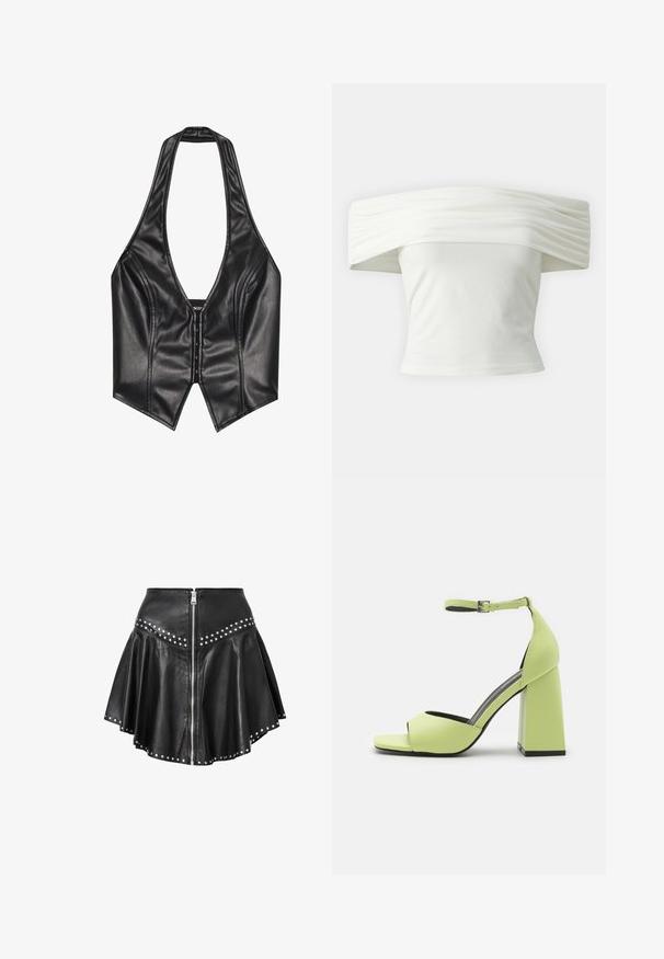 Zwarte faux leren haltertop met een diepe V-hals, gestructureerde pasvorm, haaksluiting aan de voorkant en een puntige zoom. Gladde textuur overal.; Off-the-shoulder witte top met geplooide, gestructureerde halslijn en aansluitende lijfje. Gemaakt van zachte stof met een gladde textuur.; Zwarte leren minirok met een uitlopende ontwerp, zilveren studs langs de zoom en taille, en een rits aan de voorkant. Gladde textuur over de gehele rok.; Even&Odd Sandalen met hoge hak - light green