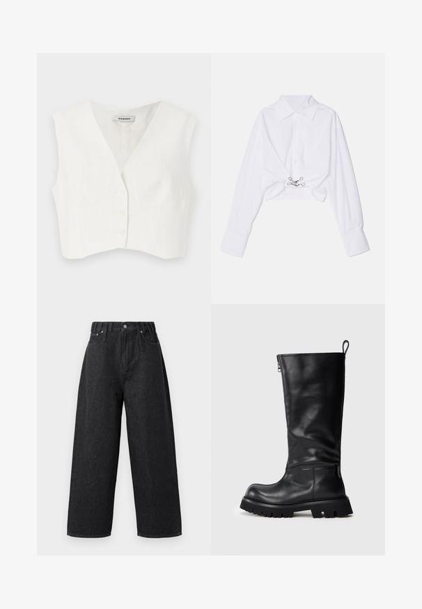 Balta trumpa palaidinė su V formos iškirpte, dviem priekinių kišenėlių, penkiomis mygtukais ir vertikaliomis tekstūrinėmis juostelėmis. Pagaminta iš sklandaus, lengvo audinio.; Balti trumpa palaidinė ilgomis rankovėmis, su mygtukų uždarymu, klasikinės apykaklės ir sidabro spalvos aksesuaru centre. Lygi audinio tekstūra.; Juodos džinsinės plačios kelnės su aukštu liemeniu, su sagos ir užtrauktuko uždarymu, siuvinėtomis kišenėmis ir glotnia tekstūra.; Aukštas juodas odinis botas su masyviu padu, apvaliu pirštu ir temporė sriegiu gale prieš paprastą šviesų foną.