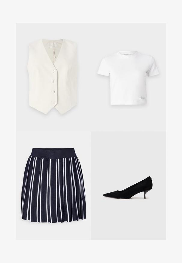 Guess THEOLINE PERFECT VEST - Brezrokavnik - cream white; Bela skrajšana majica iz gladkega bombaža, z visokim ovratnikom in kratkimi rokavi. Majhen vezen logotip v spodnjem kotu.; Mornarsko nabran suknja z belimi vertikalnimi črtami, elastičen pas in teksturirana tkanina. Rob suknje se konča nad sredino stegna.; Črne semiš visoke pete z običajem in tankim, nizkim petom. Gladka tekstura s elegantnim dizajnom, brez vidnih kovinskih delov.