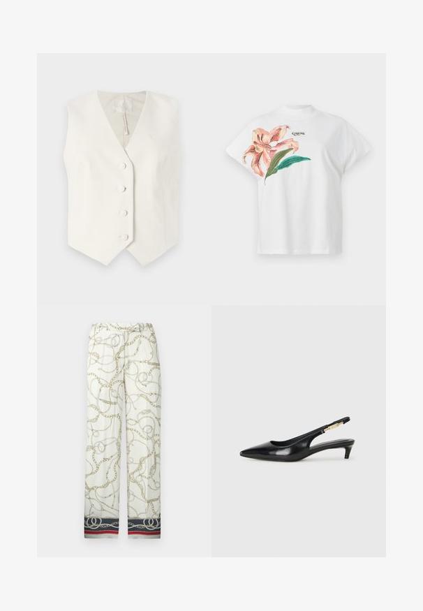 Guess THEOLINE PERFECT VEST - Waistcoat - cream white; White cotton T-shirt with short sleeves, featuring a pink floral design and green leaves on the left side. "Guess" logo in gray above the design.; White pants featuring a chain pattern in gold, with a decorative border in navy and red at the hem, gathered elastic waistband.; Black leather slingback heels with a pointed toe, featuring a slim heel and a gold-tone accent on the adjustable strap. Smooth texture.