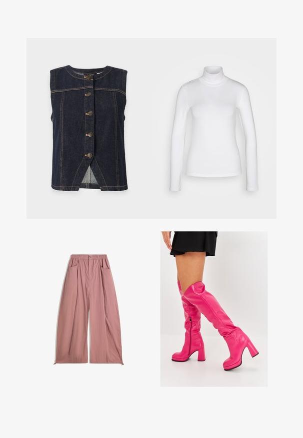 Vesta fără mâneci din denim închis, cu un decolteu rotund, închidere cu nasturi frontali și cusături contrastante. Are o despicătură la tiv pentru a facilita mișcarea.; Cămașă albă cu mânecă lungă și guler înalt, fabricată dintr-un material neted și elastic. Are o croială ajustată și un guler înalt. Fără modele sau accente vizibile.; Pantaloni largi, cu talie înaltă, dintr-un material roz moale. Dispune de un brau elastic, două buzunare laterale și o textură fină.; Cizme roz peste genunchi din piele netedă, cu toc gros înalt și fermoar pe lateral, având un vârf pliat pentru un detaliu de design suplimentar.
