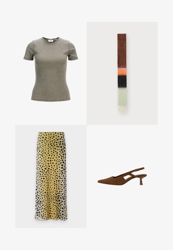 Mørk denim ærmeløs vest med rund halsudskæring, frontknaplukning og kontrasterende syninger. Har en spaltned ved kanten for lettere bevægelse.; Oliven grøn ribbet t-shirt med korte ærmer og rund halsudskæring. Har en tætsiddende design og blød tekstur. Brandlabel synlig indeni kraven.; Midi-nederdel i gult og sort med pletter, lavet af letvægtigt stof, der har en glat tekstur og en lige skæring med en kant.; Brune ruskind slingback sko med spids tå, udskæringsdesign og en slank hæl. Har en spænde rem og en glat inderside.; Mønstret tørklæde med striber i brun, orange, sort og grøn, lavet af blødt, struktureret stof, med frynser i enderne.