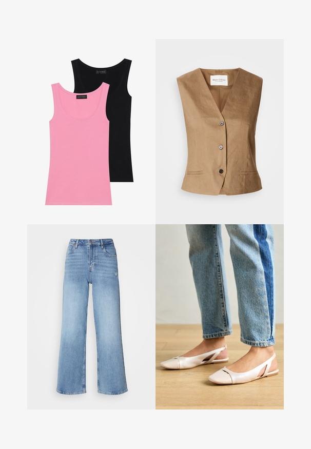 Barna mellény V nyakú kialakítással, két elülső zsebbel, hat gombbal záródik, és sima, textúrált anyagból készült.; Két ujjatlan felső, rózsaszín és fekete színben. Puha pamut keverékből készült, kerek nyakkivágással és testhez simuló szabással, minimális varrásokkal.; Világoskék, bő szárú farmernadrág, magas derekú fazonnal, öt zsebes kialakítással és finom kopással a jobb combon.; Világos rózsaszín slingback laposlábú cipők, hegyes orral, sima bőrhatású anyagból készült. Oldalt kivágott részletek találhatók rajta, valamint lapos sarkú.