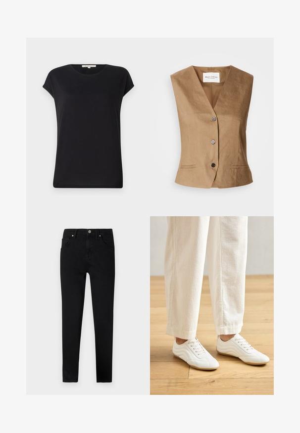 Brown vest with a v-neck design, featuring two front pockets, a six-button closure, and a smooth, textured fabric.; Black short-sleeve top in soft fabric with a round neckline and relaxed fit. Features rolled cuffs and a smooth, uniform texture.; Black denim jeans with a slim fit, featuring a front button closure, belt loops, and classic five-pocket design. Smooth texture.; White athletic shoes with a smooth leather texture, lacing system, and a contoured design. Worn with light beige corduroy pants.